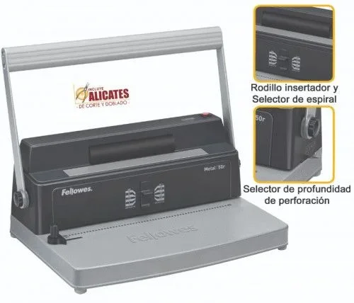 Fellowes, Metal 50R, Encuadernadora manual de espiral metálico, uso frecuente, con rodillo insertador eléctrico, negro