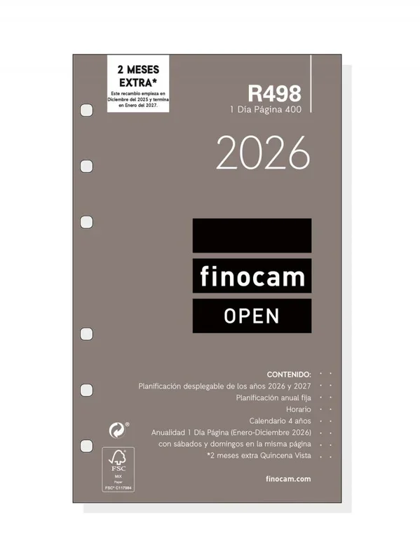 Finocam – Recambio agenda Open 2026 1 Día Página | Enero – Diciembre (12 meses) | Recambio anual agenda R498 con 6 taladros – Español