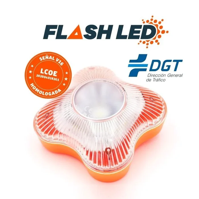 Flash LED – Baliza Autónoma Emergencia, Luz de Preseñalización Peligro, Linterna, Base imantada, Seguridad Vial, Homologada Normativa DGT, Señal V16