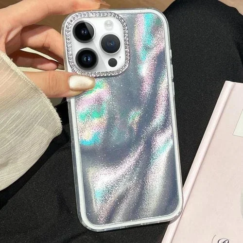 Funda 3 en 1 con diseño de arena movediza y marco de diamante para iPhone 15 Pro Max (plateada)