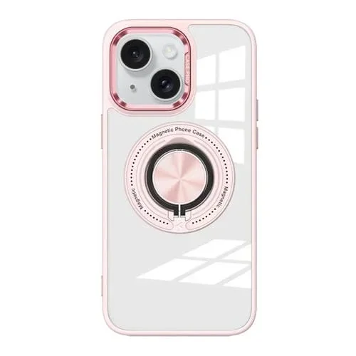 Funda Acrílico para iPhone 15 Plus con Soporte Anillo Giratorio Magnético (Rosa)