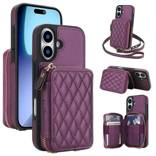 Funda AwQuer con cierre cruzado y parte trasera de cuero romboidal para iPhone 17 (morado oscuro)