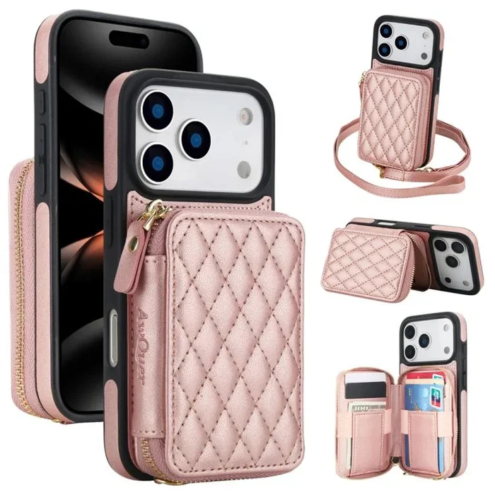 Funda AwQuer con cierre cruzado y parte trasera de cuero romboidal para iPhone 17 Pro Max (oro rosa)