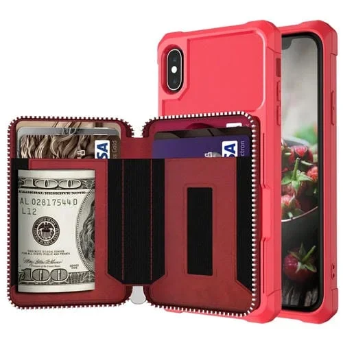 Funda Back Case iPhone Xs Max Zipper Wallet Card Bag Pu (Rojo)