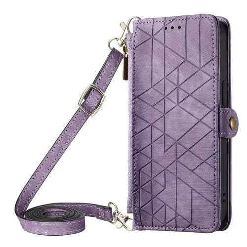 Funda Cartera iPhone 14 Plus Cuero con Cremallera Hebilla y Cordón Cruzado (Púrpura)
