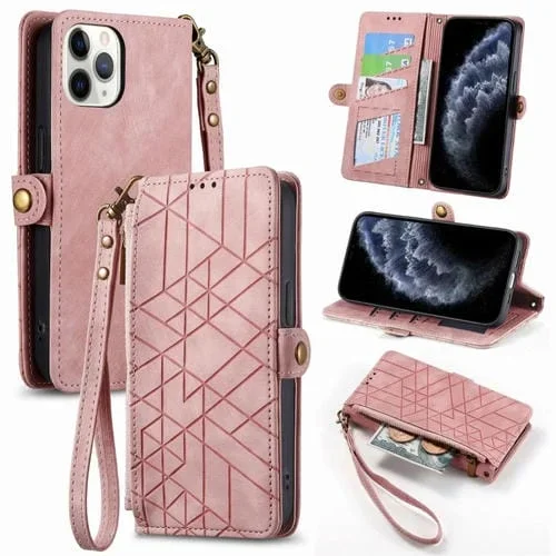 Funda cartera para iPhone 11 Pro con cremallera geométrica y hebilla lateral de cuero (Rosa)