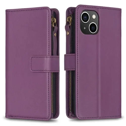 Funda Cartera para iPhone 15 9 Ranuras para Tarjetas Cremallera Cuero con Tapa (Púrpura Oscuro)