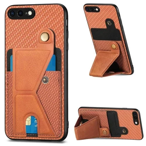 Funda Cartera para iPhone 7 Plus 8 Plus Fibra de Carbono Flip Card con Soporte en Forma de K (Marrón)