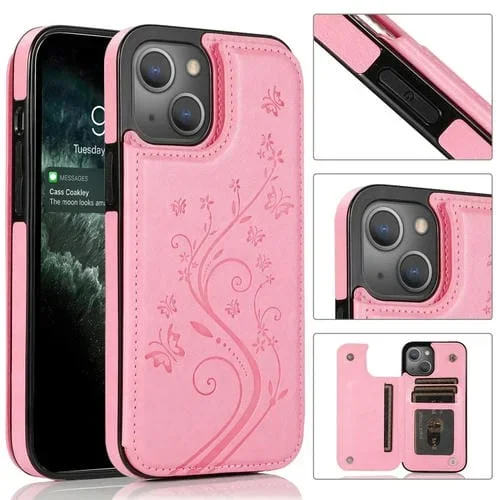 Funda con Doble Hebilla para iPhone 14 con Mariposas y Flores (Rosa)
