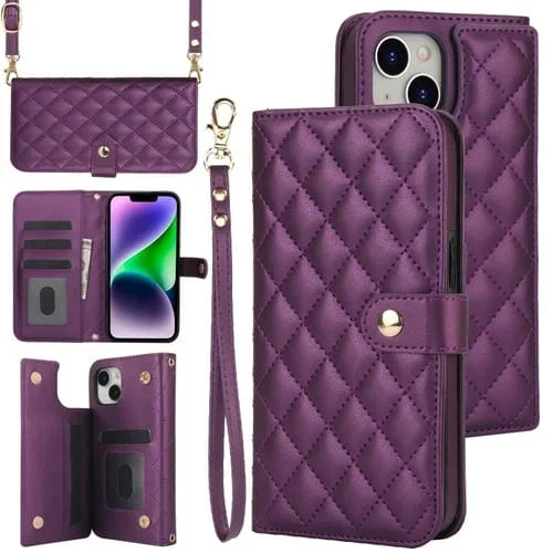 Funda Cruzada de Cuero Rómbico para iPhone 14 Plus Multifunción (Púrpura Oscuro)