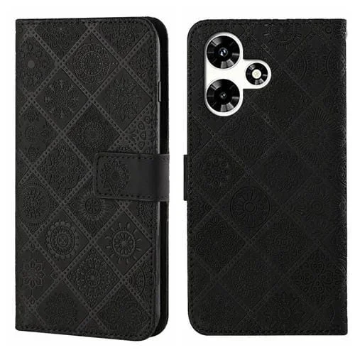 Funda Cuero con Patrón En Relieve Estilo Étnico para Infinix Hot 30 4G (Negro)