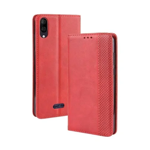 Funda Cuero con Tapa Horizontal Wiko Y80 Textura Caballo Loco Retro Hebilla Magnética Soporte Ranuras Tarjetas Marco Fotos (Rojo)