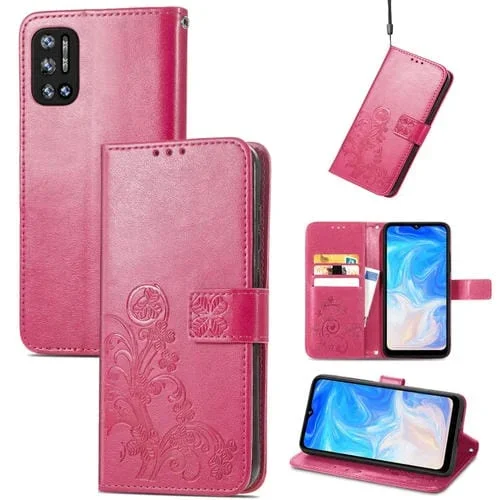 Funda Cuero Doogee N40 Pro Cuatro Hojas con Cordón, Ranura Tarjeta, Billetera y Soporte (Magenta)