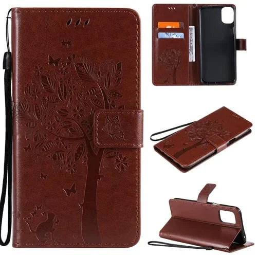 Funda Cuero Flip LG K42 Árbol y Gato Patrón con Soporte Tarjetero Billetera y Cordón (Café)