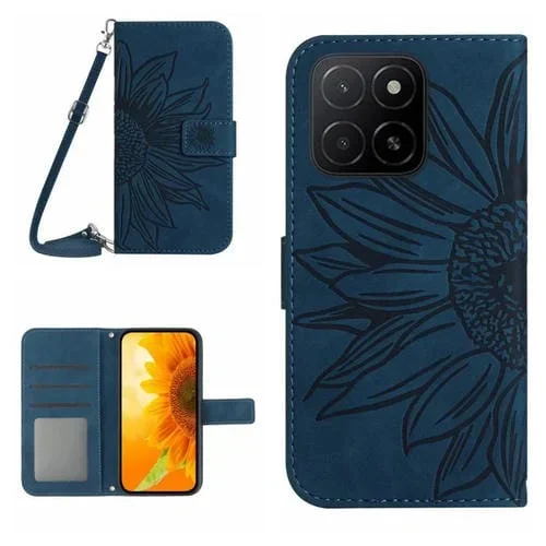 Funda Cuero Honor X8C 4G con Diseño Girasol y Cordón (Azul Tinta)