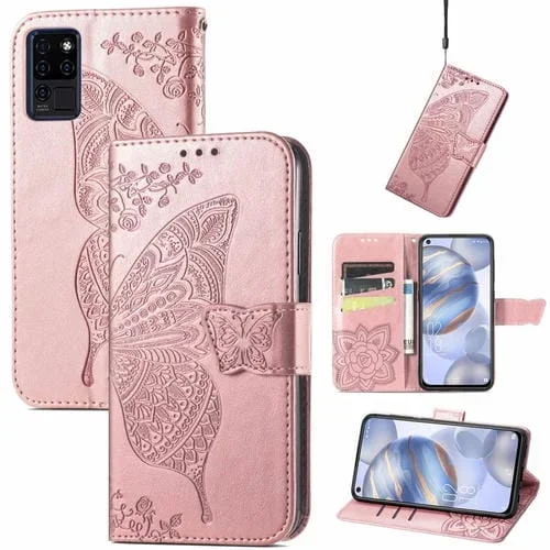 Funda Cuero Horizontal Mariposa Amor Flores En Relieve con Soporte y Ranuras para Tarjetas para Oukitel C21 (Oro Rosa)