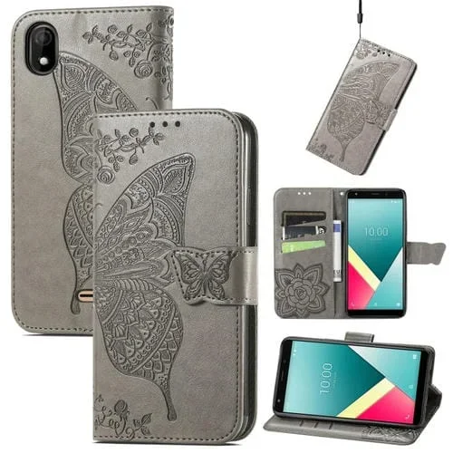 Funda Cuero Horizontal Wiko Y61 Mariposa Amor Flores En Relieve con Soporte y Ranuras (Gris)