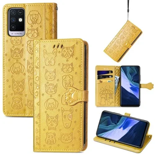 Funda Cuero Infinix Nota 10 Estampado Gato y Perro con Soporte, Tragamonedas y Cordón (Amarillo)