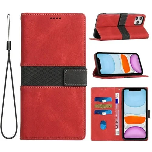 Funda Cuero iPhone 11 Pro Max Costuras Cuadrícula con Cordón (Rojo)