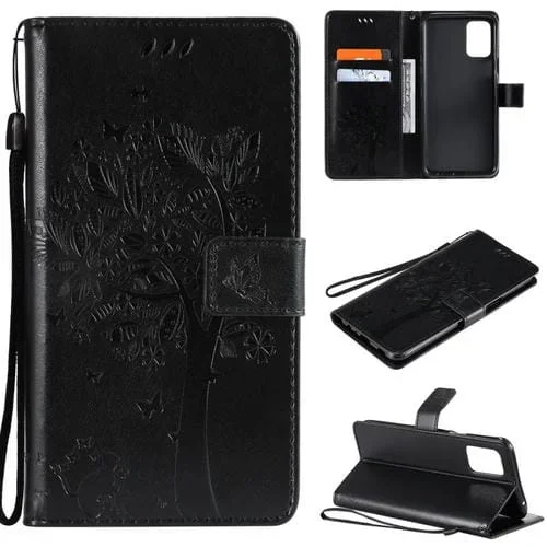 Funda Cuero PU LG K52 Árbol y Gato Patrón Impresión Prensada Horizontal con Soporte y Ranuras (Negro)