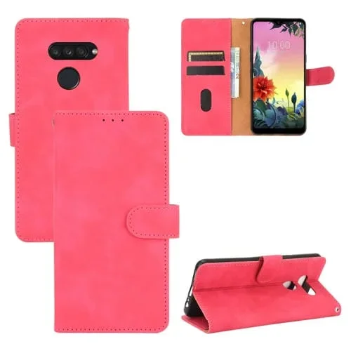 Funda Cuero PU para LG K50S con Soporte, Ranuras para Tarjetas y Billetera, Hebilla Magnética, Textura Becerro (Rosa Roja)