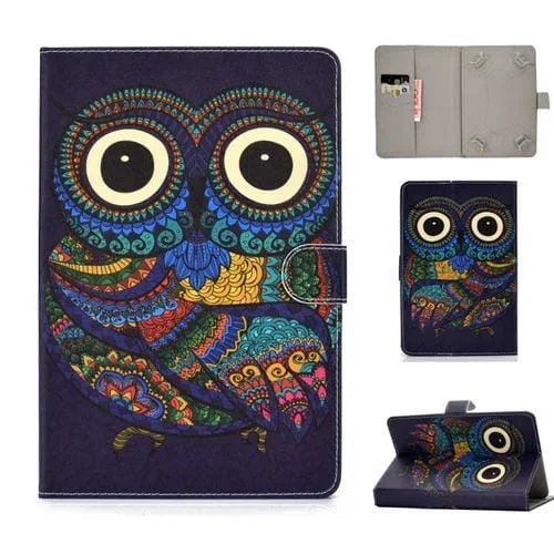 Funda Cuero PU Universal 7 Pulgadas con Tapa Horizontal, Soporte y Ranuras para Tarjetas (Búho)