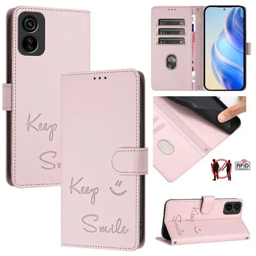 Funda Cuero Rfid Relieve Sonriente para Tecno Pop 6C Itel A18 (Rosa)