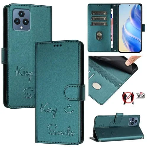 Funda Cuero Rfid Relieve Sonriente para Teléfono T-Mobile Revvl 6/6X 5G (Verde Pavo Real)