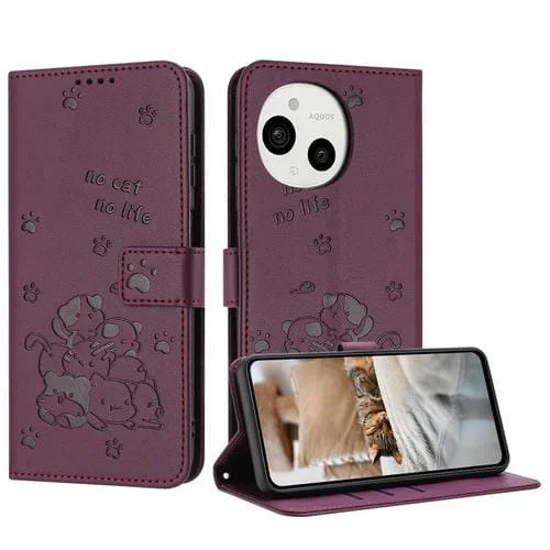 Funda Cuero Sharp Aquos Sense 9 Diseño Gatito En Relieve con Cordón (Rojo Vino)