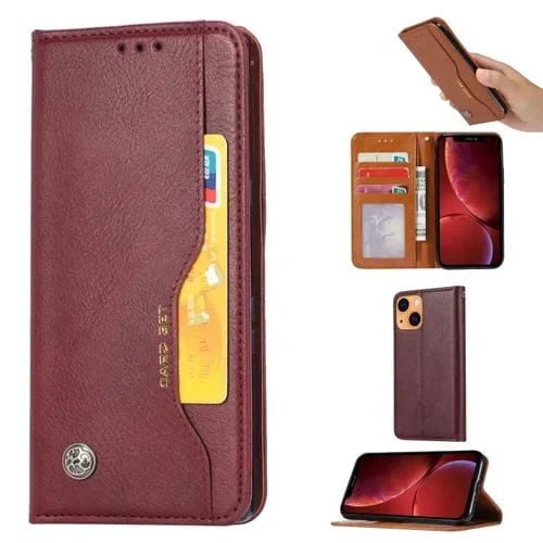 Funda Cuero Tapa Horizontal iPhone 13 Mini Soporte Fotos Tragamonedas Billetera (Rojo Vino)