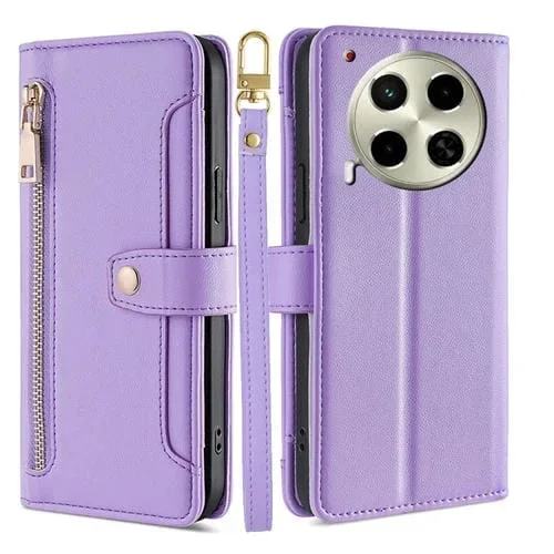 Funda Cuero Tipo Billetera con Cremallera y Diseño Cruzado para Tecno Camon 30 Lite (Morado)