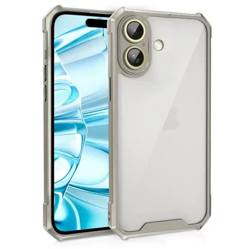 Funda de Acrílico para iPhone 16 Plus con Protección a Prueba de Golpes y Película de Vidrio para Lente (Gris)