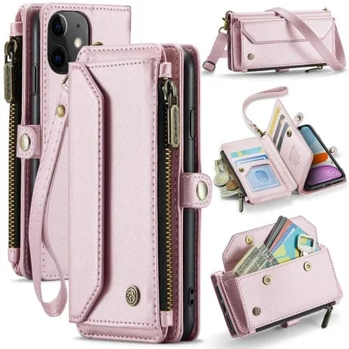 Funda de Cuero Antirrobo Caseme C36 para iPhone 11 con Ranuras Tarjetas y Billetera con Cremallera (Rosa)