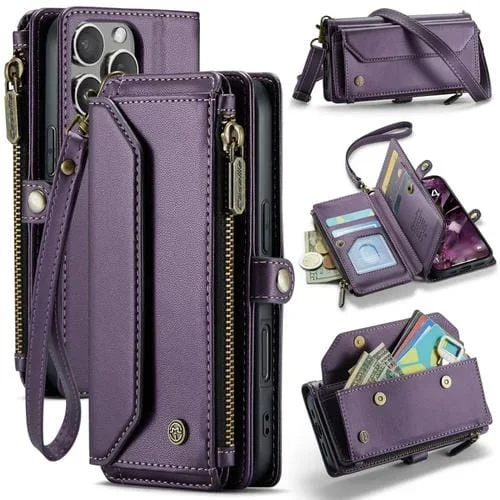 Funda de Cuero Antirrobo Caseme C36 para iPhone 16 Pro con Ranuras y Billetera con Cremallera (Morado)