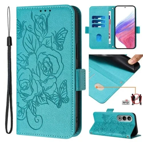 Funda de Cuero Antirrobo con Diseño de Rosa En Relieve RFID para OnePlus Nord CE4 5G (Azul Claro)