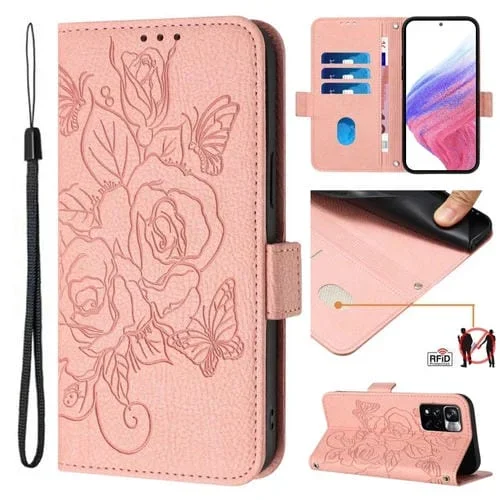 Funda de Cuero Antirrobo con Rfid para Redmi Note 11 Pro+ 5G con Relieve Europeo En Rosa (Rosa)