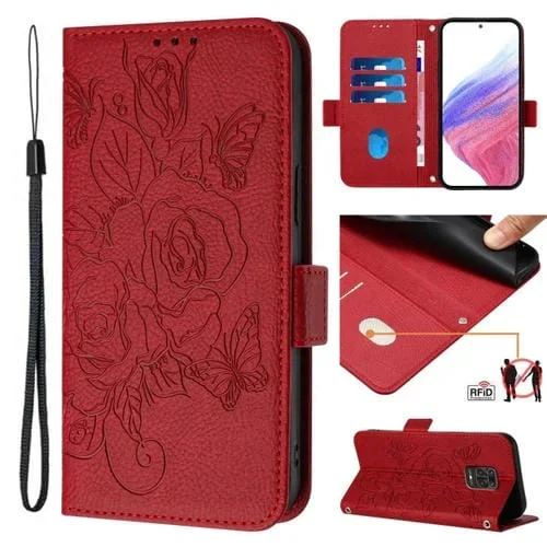 Funda de Cuero Antirrobo Rfid con Relieve En Rosa para Redmi Note 9 Pro 4G / 9S 4G / 9 Pro Max (Rojo)