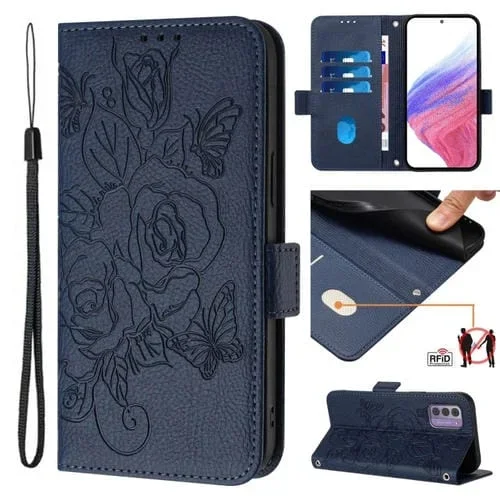 Funda de Cuero Antirrobo RFID con Relieve para Nokia G42/G310 (Azul Oscuro)