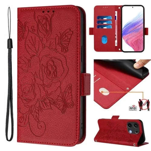Funda de Cuero Antirrobo RFID con Relieve para Umidigi Note 100 (Rojo)