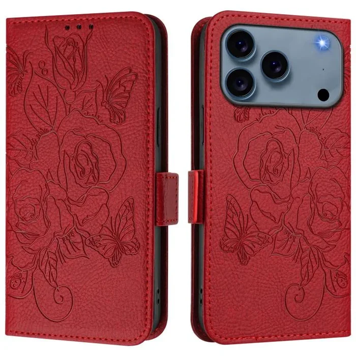 Funda de cuero antirrobo RFID con relieve rosa para iPhone 17 Pro Max (roja)