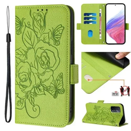 Funda de Cuero Antirrobo Rfid con Relieve Rosa para Oppo A54 5G / A74 5G / A93 5G (Verde)