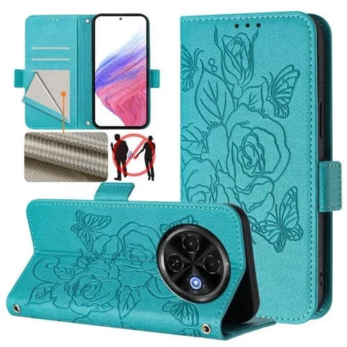 Funda de Cuero Antirrobo RFID con Relieve Rosa para Tecno Spark 30C 5G y Pop 9 5G (Azul Claro)