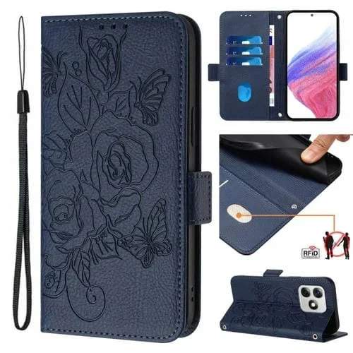 Funda de Cuero Antirrobo RFID con Relieve Rosa para Ulefone Note 18 Ultra (Azul Oscuro)