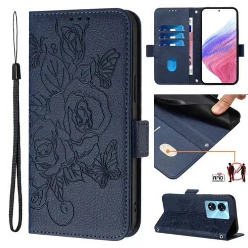 Funda de Cuero Antirrobo RFID para OnePlus Nord N300 con Relieve Rosa (Azul Oscuro)