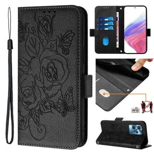 Funda de Cuero Antirrobo RFID para Oukitel C32 con Relieve Rosa (Negro)