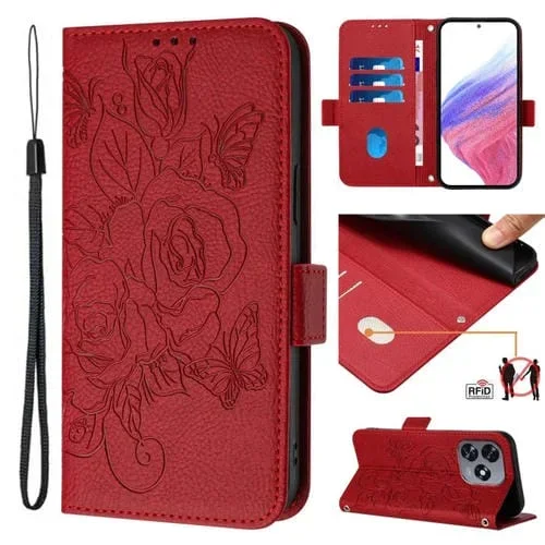 Funda de Cuero Antirrobo RFID para Oukitel C51 con Relieve Rosa (Rojo)