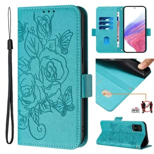 Funda de Cuero Antirrobo RFID para TCL 502 con Rosa en Relieve (Azul Claro)