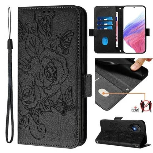 Funda de Cuero Antirrobo RFID para Umidigi Bison X20 con Diseño de Rosa en Relieve (Negra)