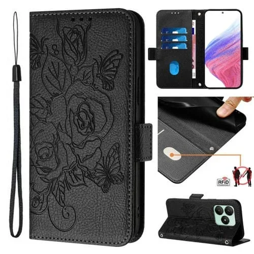 Funda de Cuero Antirrobo RFID para Wiko T20 con Diseño Rosa en Relieve (Negro)