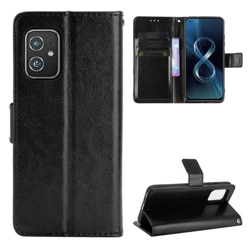 Funda de Cuero Asus Zenfone 8 Zs590Ks Crazy Horse Texture con Soporte, Ranuras y Cordón (Negro)